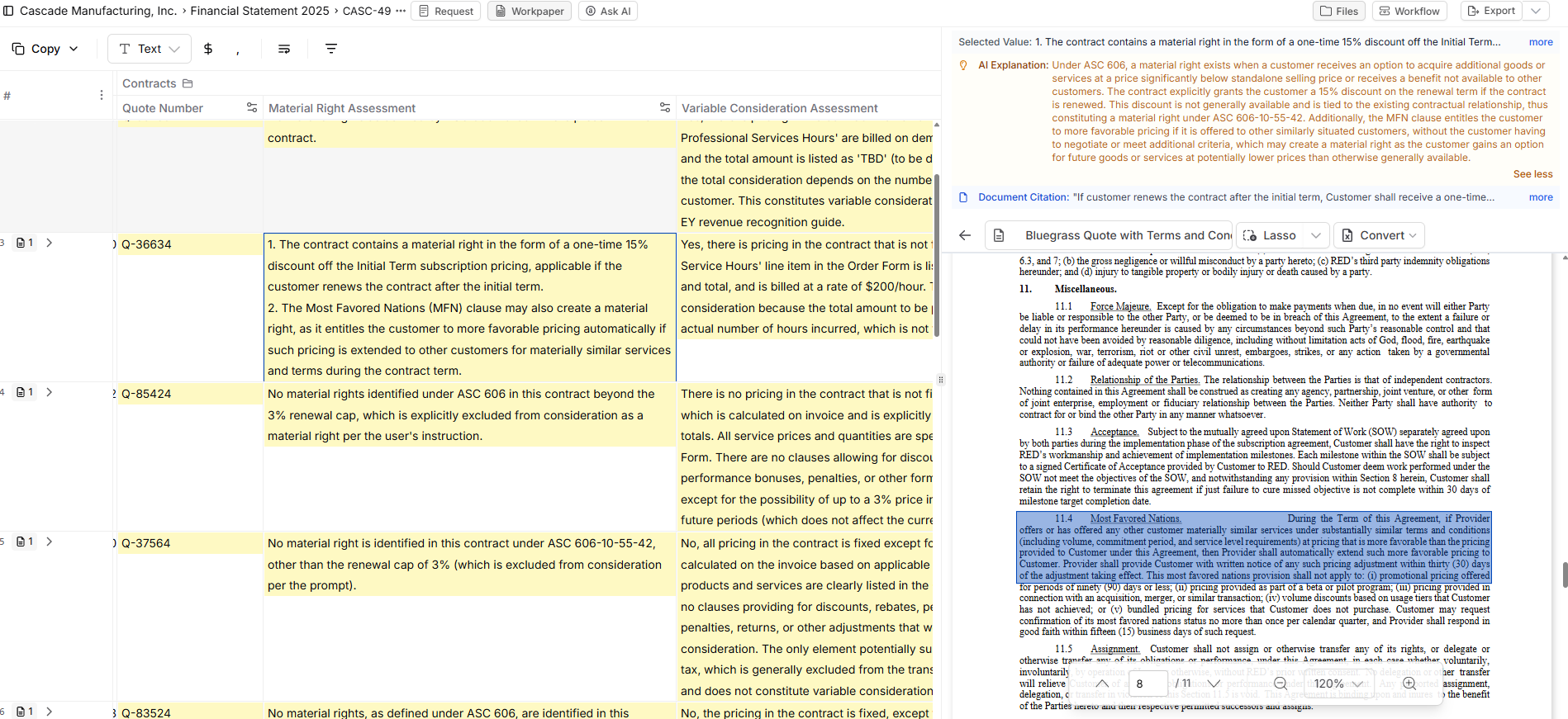 Material right assessment example showing AI analysis
